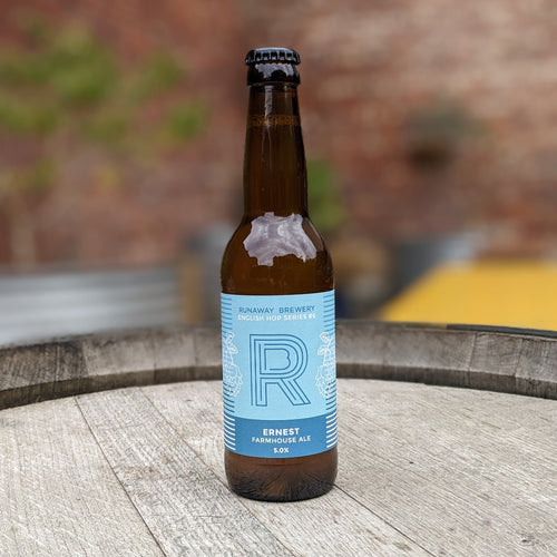 Brown bottle with a blue label on a wooden surface