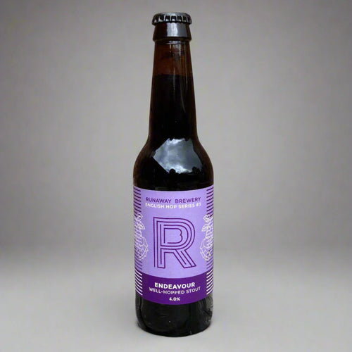 Bottle of Runaway Brewery Endeavour beer on a gray background