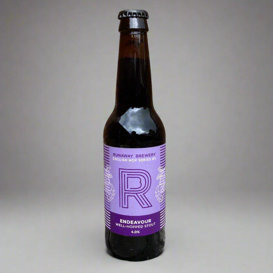 Bottle of Runaway Brewery Endeavour beer on a gray background