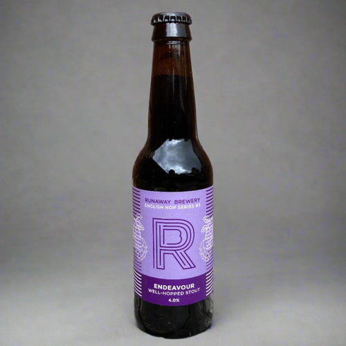 Beer bottle with purple label against a grey background