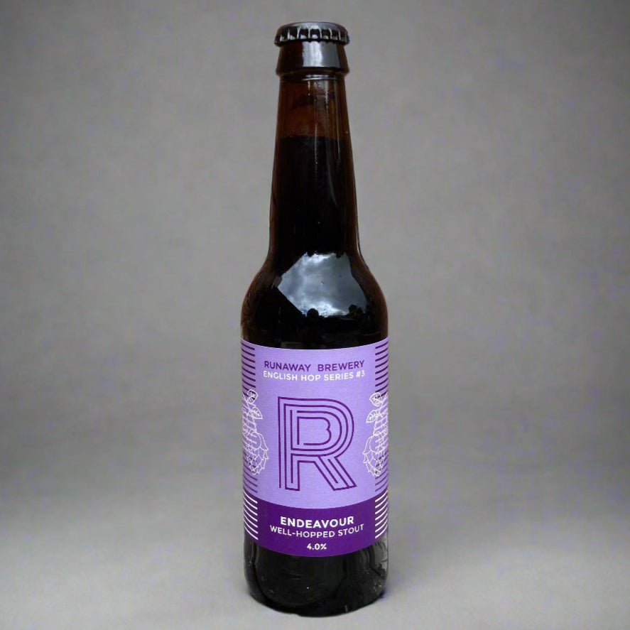 Beer bottle with purple label against a grey background